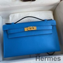 Hermes Kelly Pochette Sac Fait Main En Cuir De Veau Swift Bleu Zanzibar