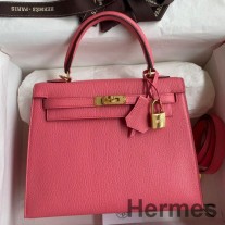 Hermes Kelly Sellier 25 Sac fait main en peau de chèvre Mysore rouge à lèvres rose