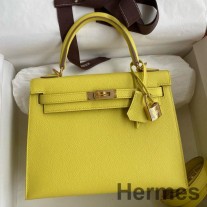 Hermes Kelly Sellier 28 Sac Fait Main En Cuir De Veau Epsom Lime