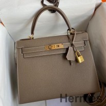 Hermes Kelly Sellier 28 Sac Fait Main En Cuir De Veau Epsom Taupe