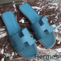 Hermes Sandales Oran Slide En Cuir De Veau Epsom Bleu du Nord