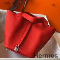 Sac Hermes Picotin Lock 22 En Cuir Rouge Clémence