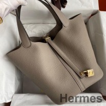 Sac Hermes Picotin Lock 22 fait main en cuir Clémence Gris Asphalte