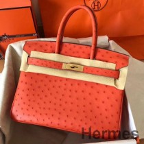 Sac Hermes Birkin 30 Fait Main En Peau D'autruche Orange