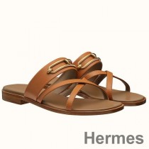 Hermes Sandales Claire En Cuir De Veau Marron