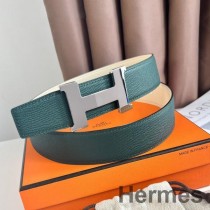 Ceinture réversible Hermes Constance 38MM en cuir de veau Epsom vert et Craie