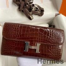 Portefeuille Hermes Constance To Go en Cuir Alligator Brillant Marron Foncé