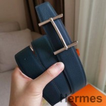 Ceinture réversible Hermes H d'Ancre en cuir Epsom bleu/blanc