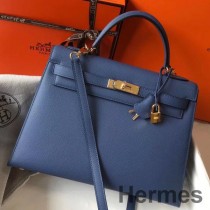 Sac Hermes Kelly 32cm En Cuir Epsom Bleu Agate GHW