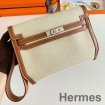 Pochette Hermes Kelly Depeches 25 en Toile Écru