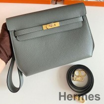 Pochette Hermes Kelly Depeches 25 en cuir de veau Epsom Vert Amande