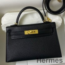 Hermes Kelly Mini II Sellier Sac Fait Main En Cuir Chevre Mysore Noir