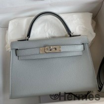 Hermes Sac Fait Main Kelly Mini II Sellier En Cuir De Veau Epsom Bleu Glacier