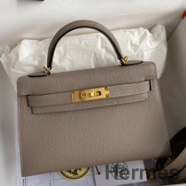Hermes Kelly Mini II Sellier Sac Fait Main En Cuir De Veau Epsom Gris Asphalte