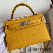 Hermes Kelly Mini II Sellier Sac Fait Main En Cuir De Veau Epsom Jaune Ambre