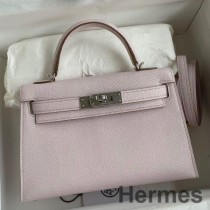 Hermes Kelly Mini II Sellier Sac Fait Main En Cuir Mysore Mauve Pâle Chevre