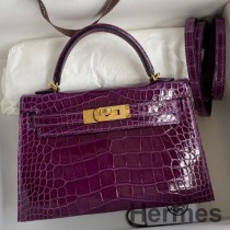 Hermes Kelly Mini II Sellier Sac Fait Main En Cuir D'alligator Brillant Violet