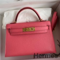 Hermes Kelly Mini II Sellier Sac Fait Main En Cuir Rose Rouge À Lèvres Chevre Mysore