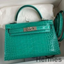 Hermes Kelly Mini II Sellier Sac Fait Main En Cuir D'alligator Brillant Vert Jude