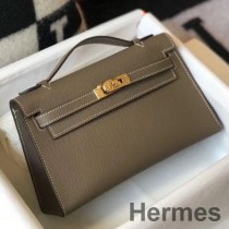 Sac Hermes Kelly Pochette En Cuir Epsom Gris Taupe