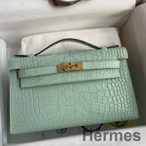 Hermes Kelly Pochette Sac Fait Main En Cuir D'alligator Mat Vert D'eau