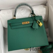 Hermes Kelly Sellier 25 Sac Fait Main En Cuir De Veau Epsom Malachite