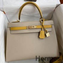 Sac Hermes Kelly Sellier 32 Bicolore en Trench et Veau Epsom Jaune