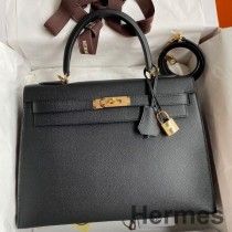 Hermes Kelly Sellier 32 Sac Fait Main En Cuir De Veau Epsom Noir