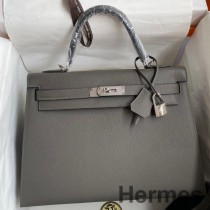 Hermes Kelly Sellier 32 Sac Fait Main En Cuir De Veau Epsom Etain