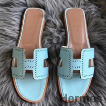 Sandales Perforées Hermes Oran En Cuir Epsom Atoll Bleu