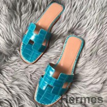 Sandales Hermes Oran En Crocodile Niloticus Brillant Paon Bleu