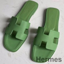Hermes Oran Slide Sandales En Cuir De Veau Epsom Vert Criquet
