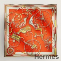 Hermes Orange Voitures en Equilibre Châle 140