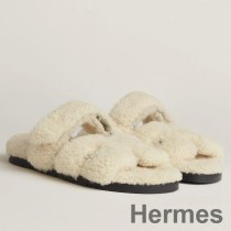 Hermes Sandales Chypre Femme En Shearling Blanc Cassé