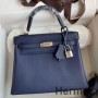 Sac Hermes Kelly Retourne 25 Fait Main En Cuir Saphir Clémence Bleu