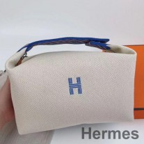 Hermes Bride-a-Brac Μεγάλη θήκη σε εκρού καμβά με μπλε ζιγκ-ζαγκ μοτίβα