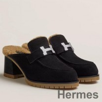 Hermes Flore 60 Mules in Black Suede με Shearling
