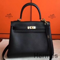 Hermes Kelly 25cm Retourne Χειροποίητη Τσάντα Σε Μαύρο Swift Δερμάτινο