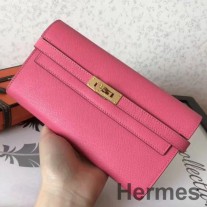 Κλασικό μακρύ πορτοφόλι Hermes Kelly σε ροζ δέρμα Epsom