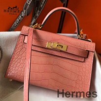 Hermes Kelly Mini II Χειροποίητη Τσάντα Σε Ροζ Δέρμα Κροκόδειλου Ανάγλυφο