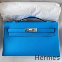 Χειροποίητη τσάντα Hermes Kelly Pochette σε μπλε δέρμα μοσχαριού Frida Swift