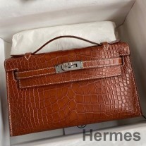 Χειροποίητη τσάντα Hermes Kelly Pochette από χρυσό ματ δέρμα αλιγάτορα