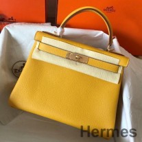 Hermes Kelly Retourne 28 Handmade Bag In Jaune Ambre Clemence Leather