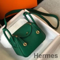 Hermes Lindy Mini Bag In Green Clemence Leather GHW