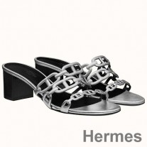 Σανδάλια Hermes Tandem σε ασημί μεταλλικό δέρμα μοσχαριού