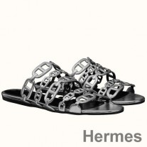 Σανδάλια Hermes Thalassa Σε Ασημί Μεταλλικό Δέρμα Μοσχαριού