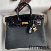 Τσάντα Hermes Touch Birkin 25 σε μαύρο χρώμα Togo και γυαλιστερό δέρμα αλιγάτορα