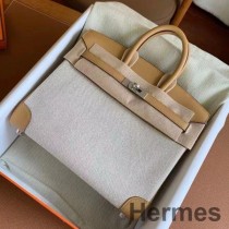 Hermes Birkin 25 Handmade Bag In Toile & Biscuit Swift Leather