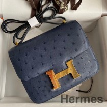Hermes Constance 18 Χειροποίητη τσάντα σε μπλε δέρμα στρουθοκαμήλου ίριδας