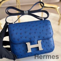 Hermes Constance 18 Χειροποίητη Τσάντα σε Μπλε Δέρμα Στρουθοκαμήλου